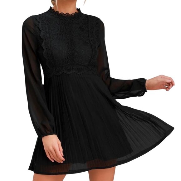Lulus Charlisa Black Long-Sleeve Lace & Pleated Mini skater Dress short L NWT - Picture 2 of 13